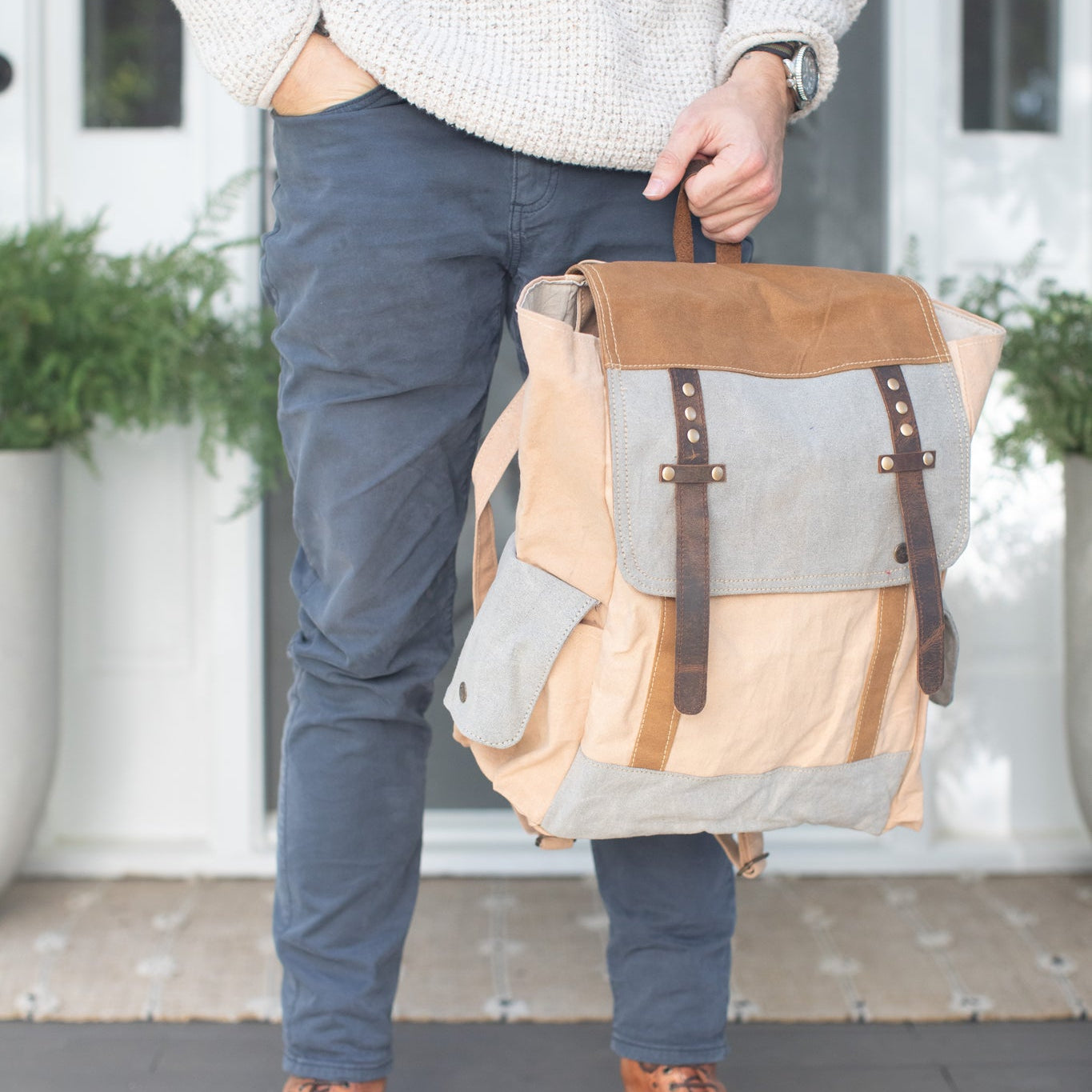 canvas backpack with leather accents w/Leather LA City Store Blush/Grey Material Waxed Canvas Backpack with Leather