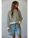 Knit Cotton Striped Crew Neck Long Sleeve Top