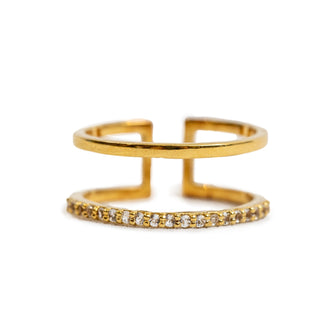 ***Gold Plated Brass White Topaz Pave Double Layer Ring Adjustable