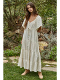 Woven Button Down Tiered Flare Maxi Dress