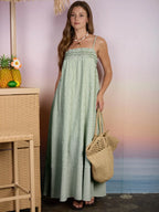 Embroidered Smocked Striped Tunic Maxi Dress