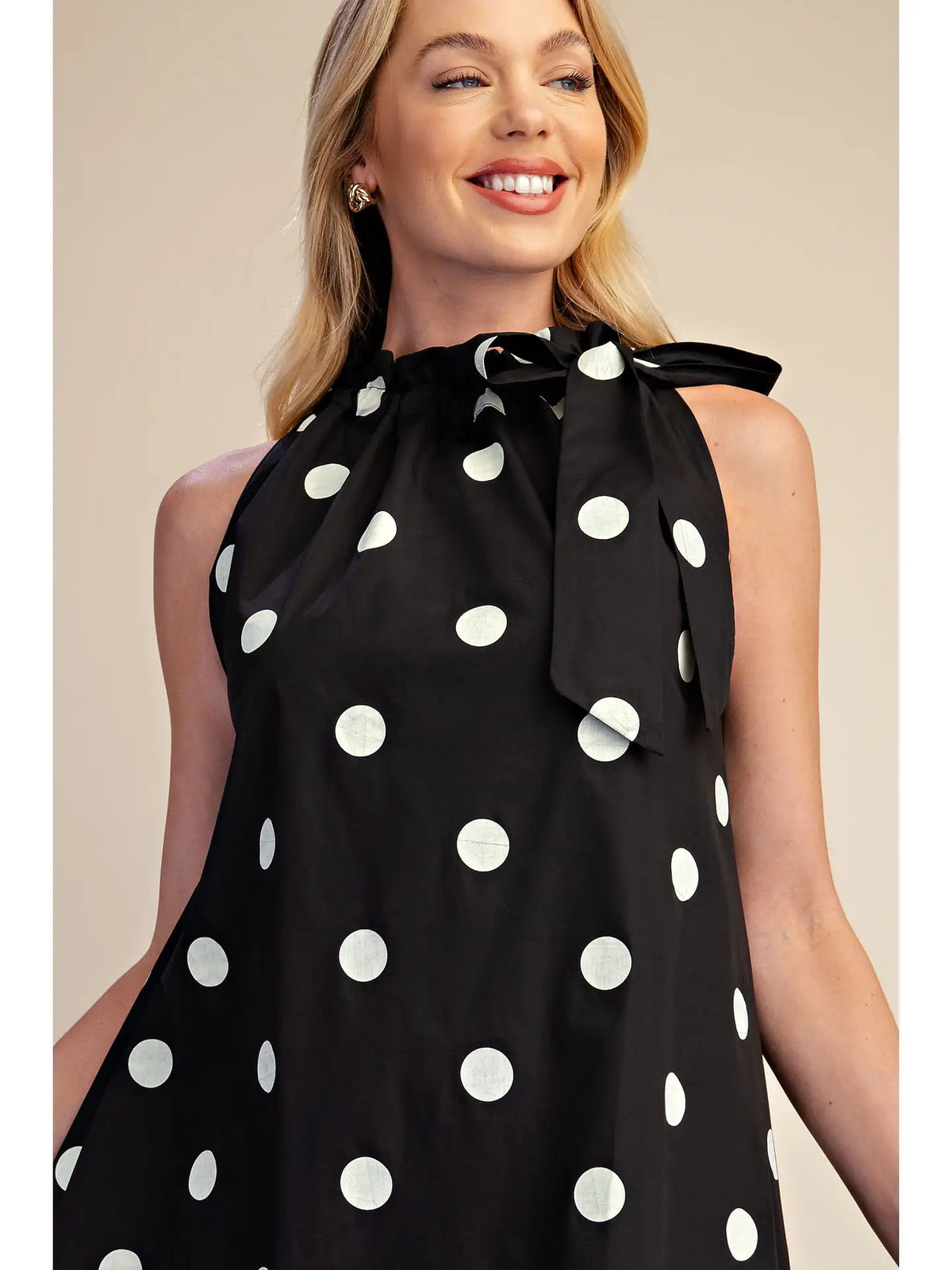 Polka Dot Midi Dress Sleeveless with Ruffle Neck Tie