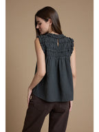 Smocked Ruffle Gingham Sleeveless Top in Grey
