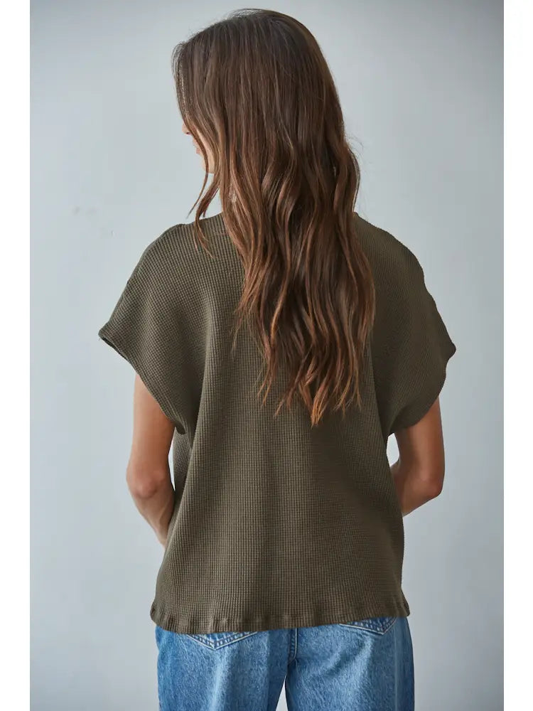 Knit Thermal Garment Dyed Short Sleeve Top - Olive