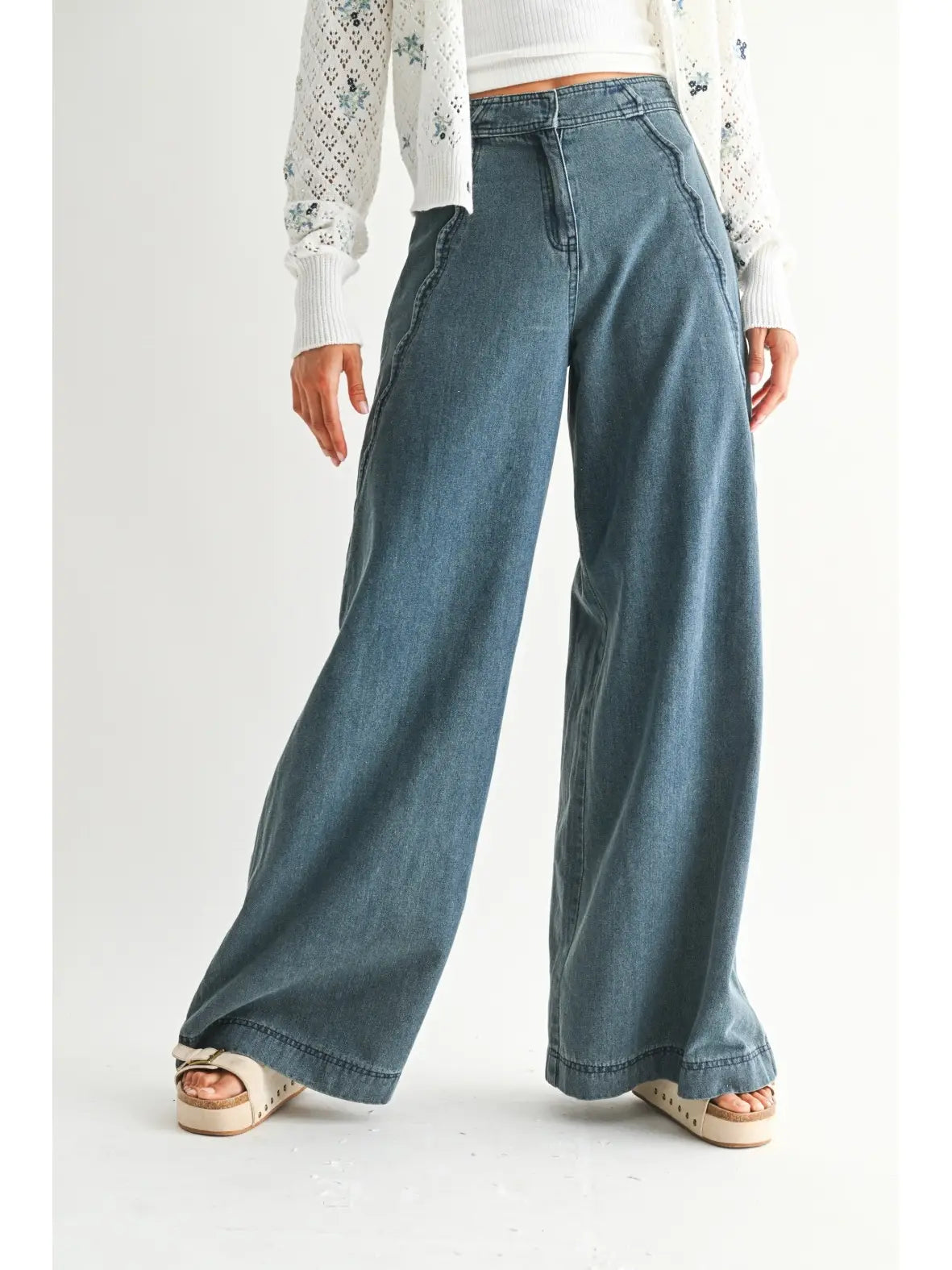 Wide-Leg Stretchy Denim Trousers - Medium Wash
