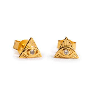 ***Mini Gold Plated Triangle Studs with White Topaz Evil Eye Earrings