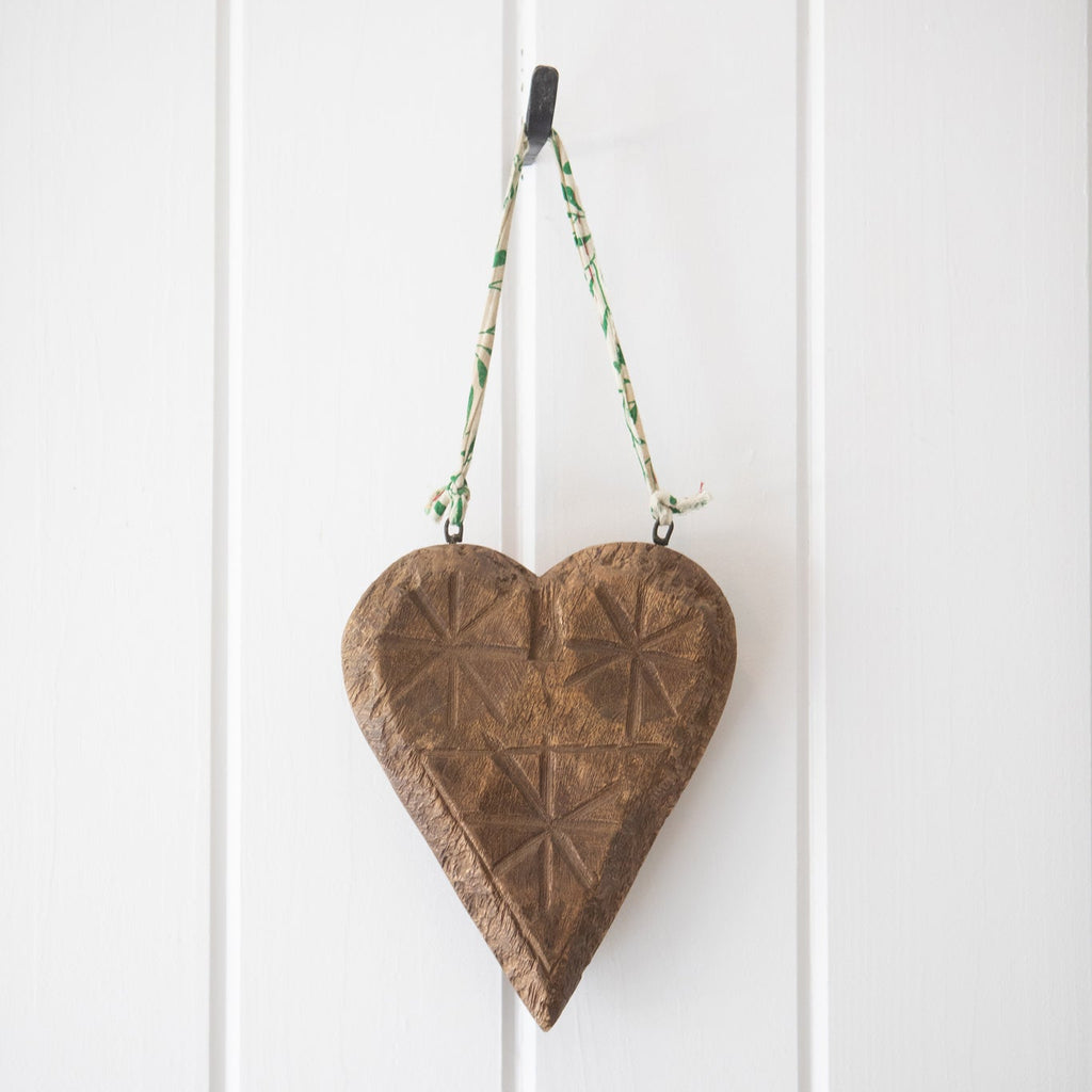 Hanging Carved Wooden Kantha Heart