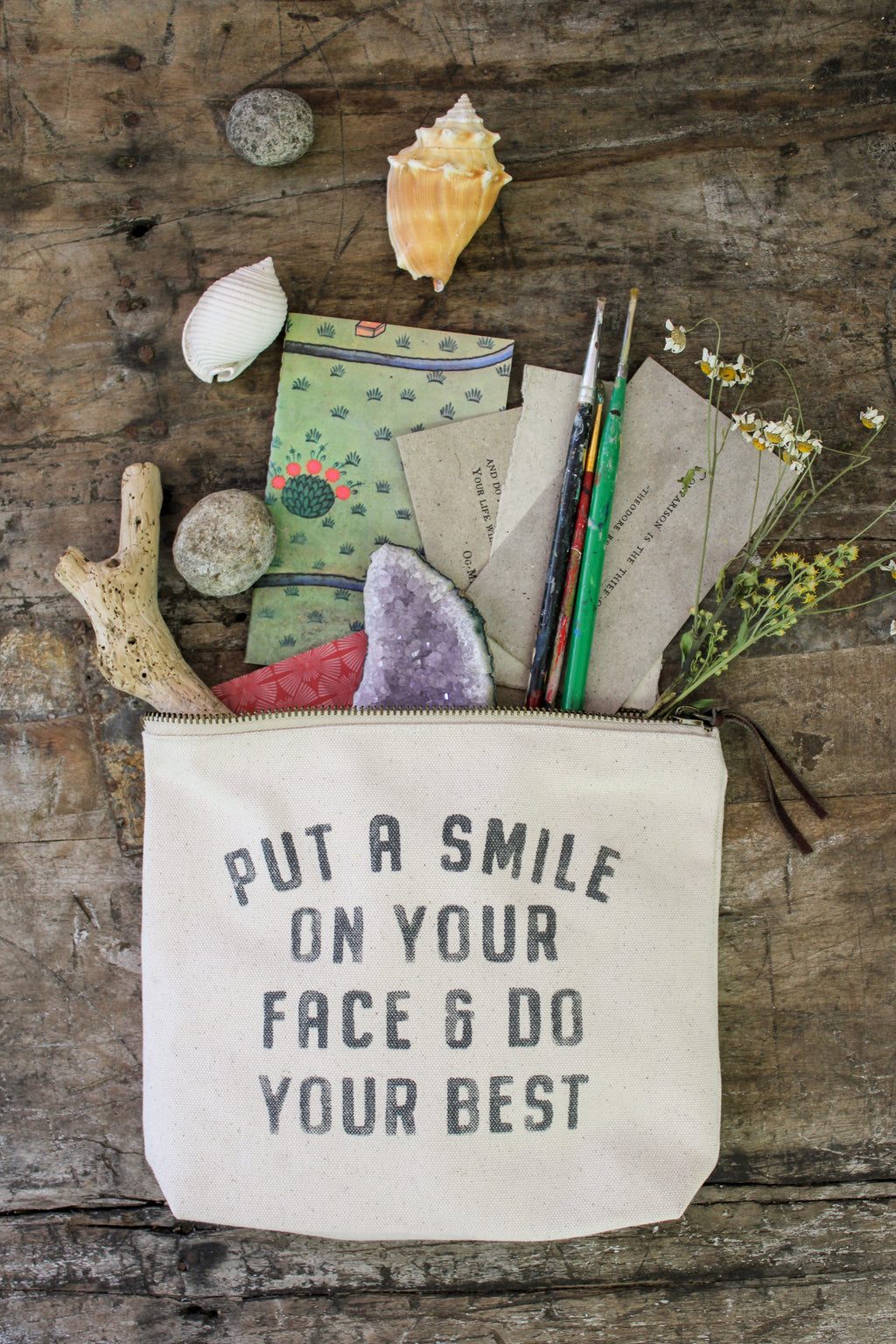 Put A Smile Canvas Zip Bag - Cream