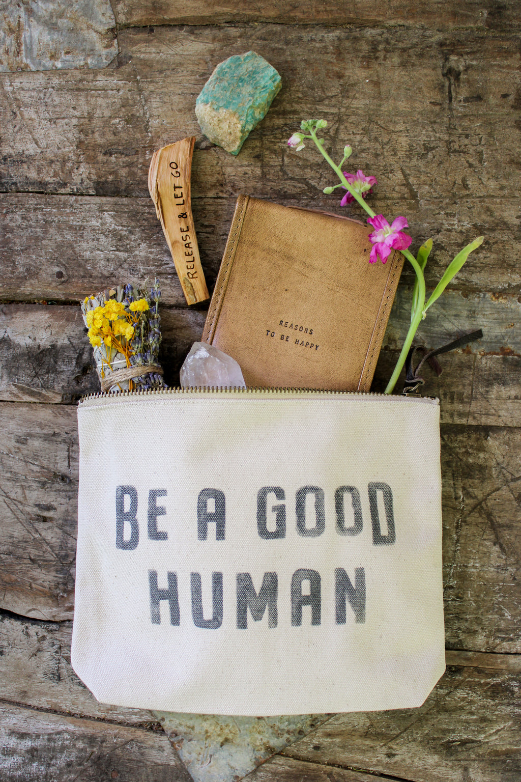 Be A Good Human Canvas Zip Bag - Cream
