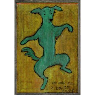 Artistic depiction of a green dog on a textured yellow background with text at the bottom.