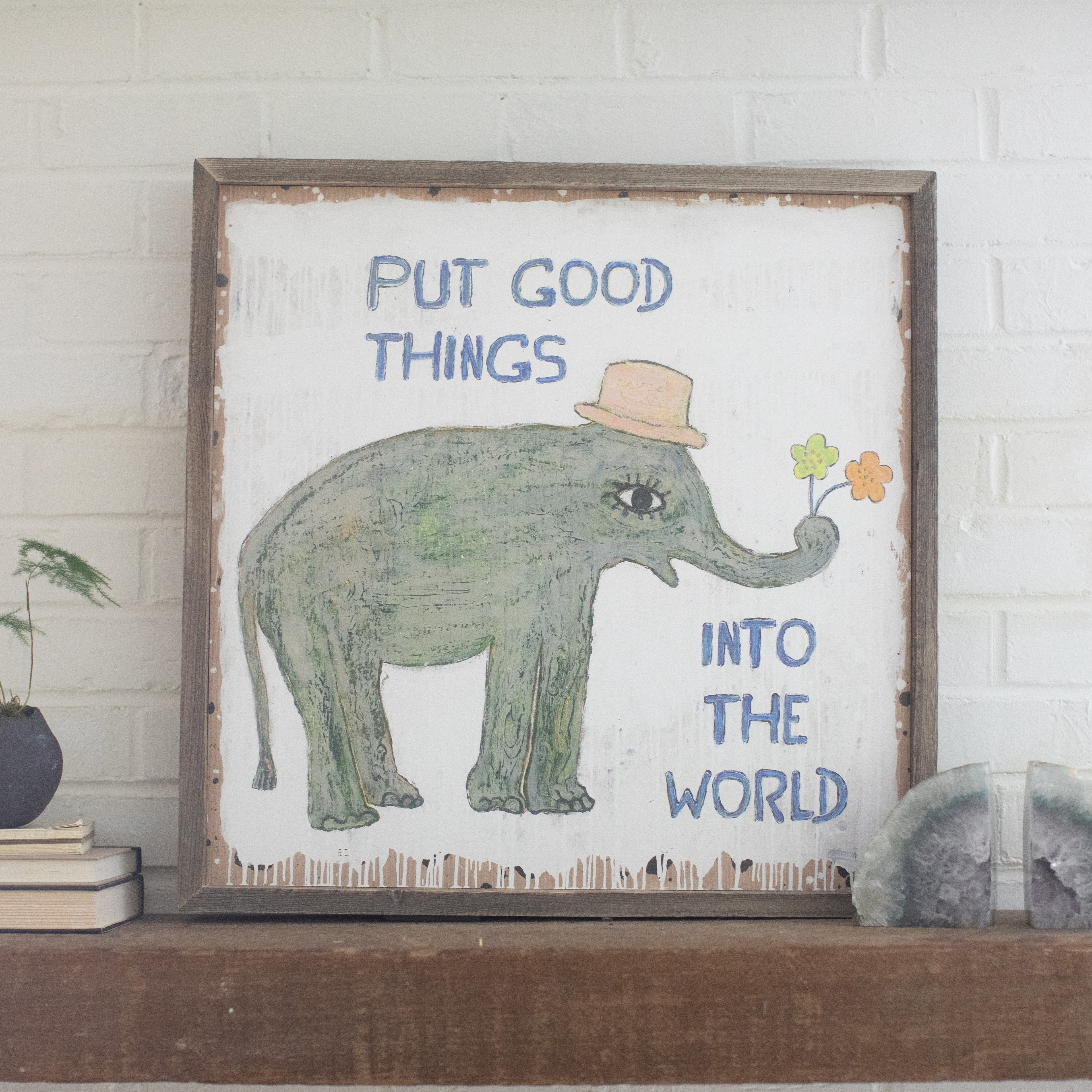 Good Things Elephant  Art Print (Grey Wood)