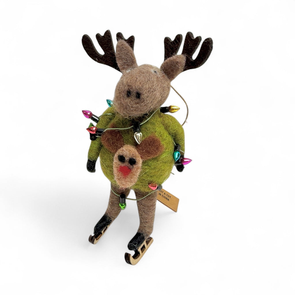Felt Moose Ornament with Reindeer Sweater and Skates