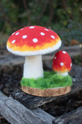 Felt Mushrooms on Wooden Base