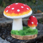 Felt Mushrooms on Wooden Base