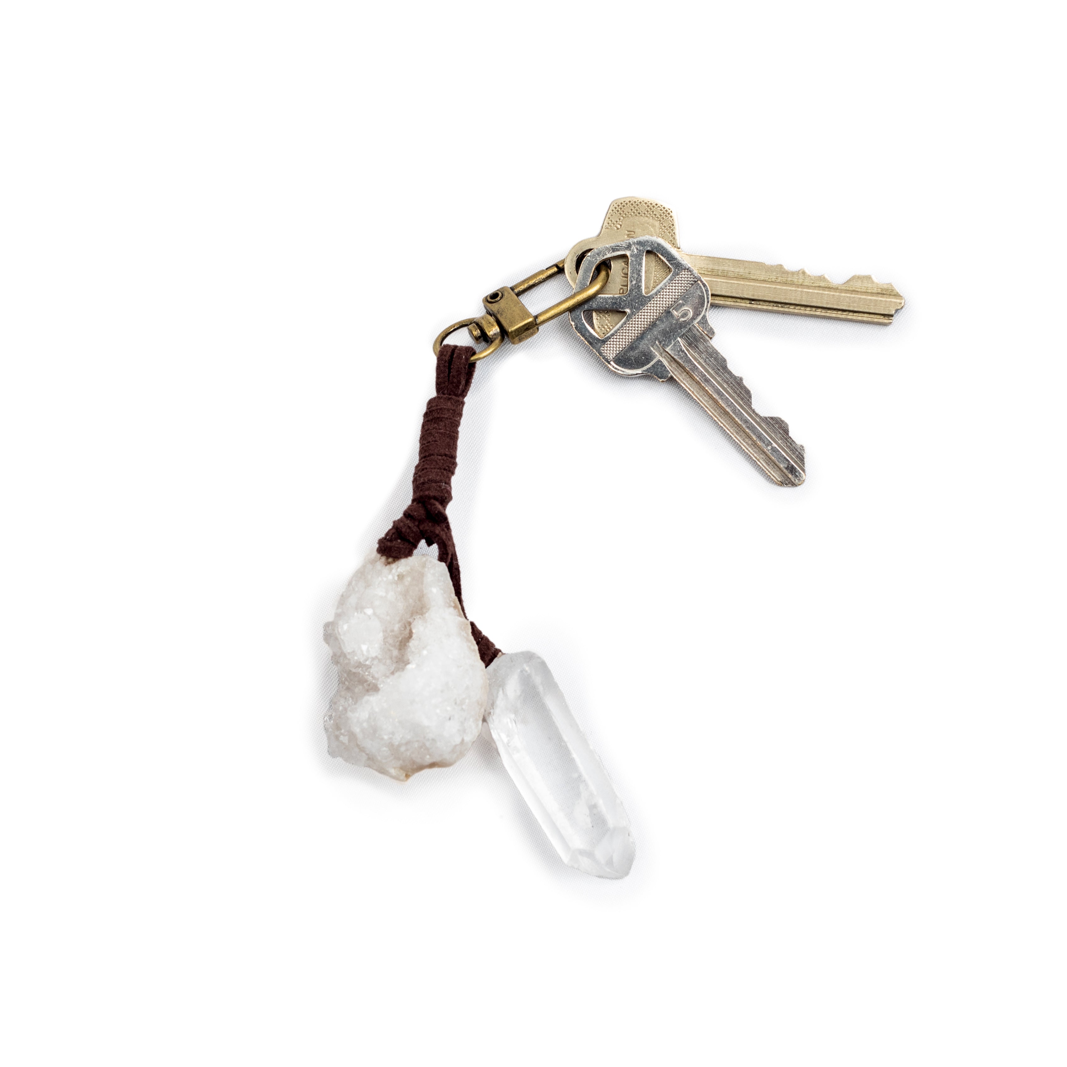 Natural broken Geode & Crystal Quartz Point Keychain