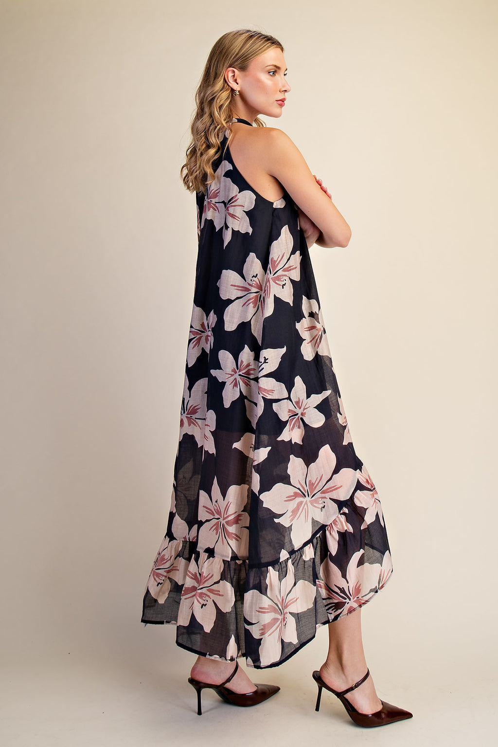 Floral Halter Neck High Low Sleeveless Midi Dress