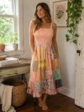 Smocked Bodice Kantha Dress, Peach
