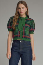 Tie Neck Plaid Sweater Top