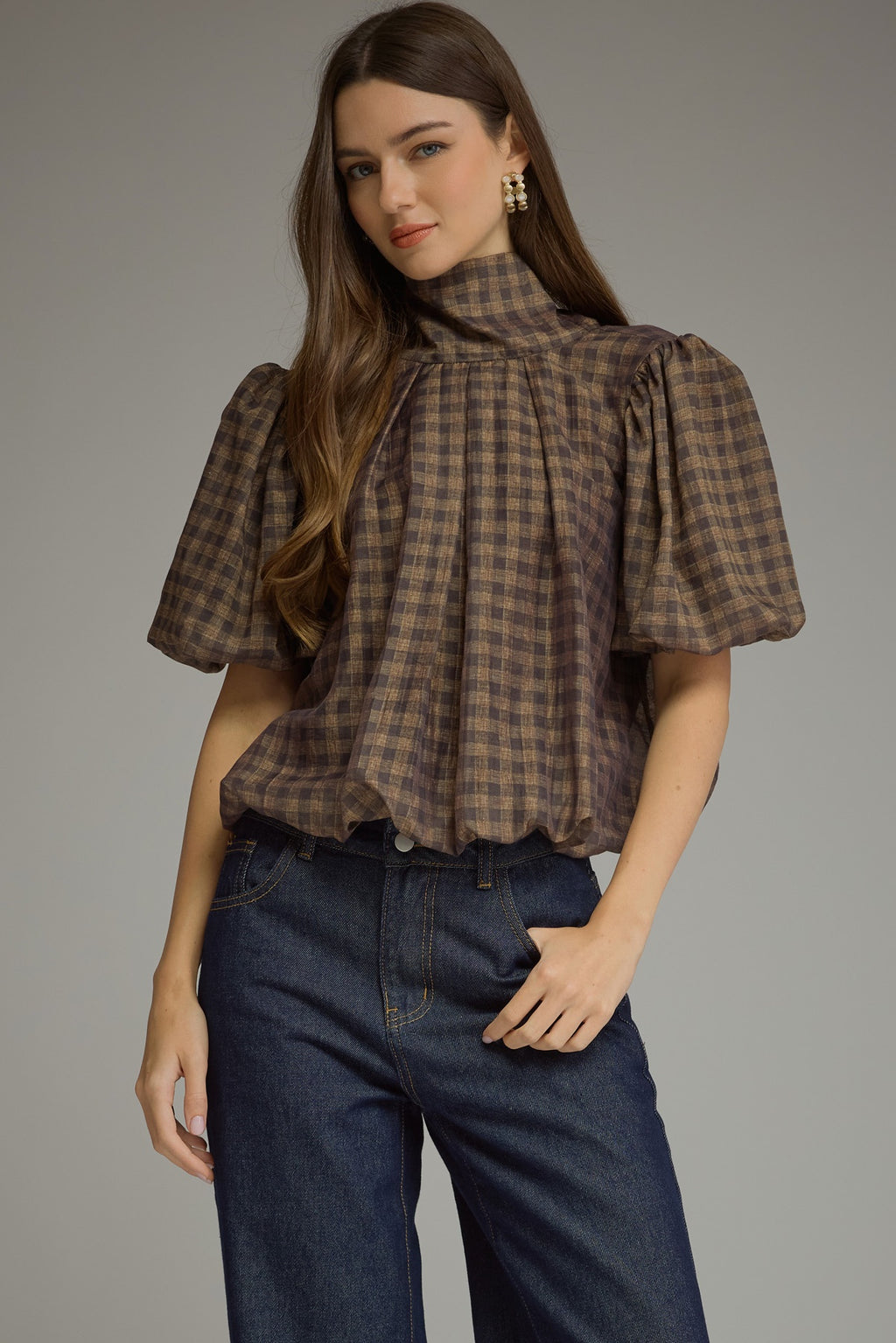 Plaid Top with Puff Sleeves and Tie Neck
