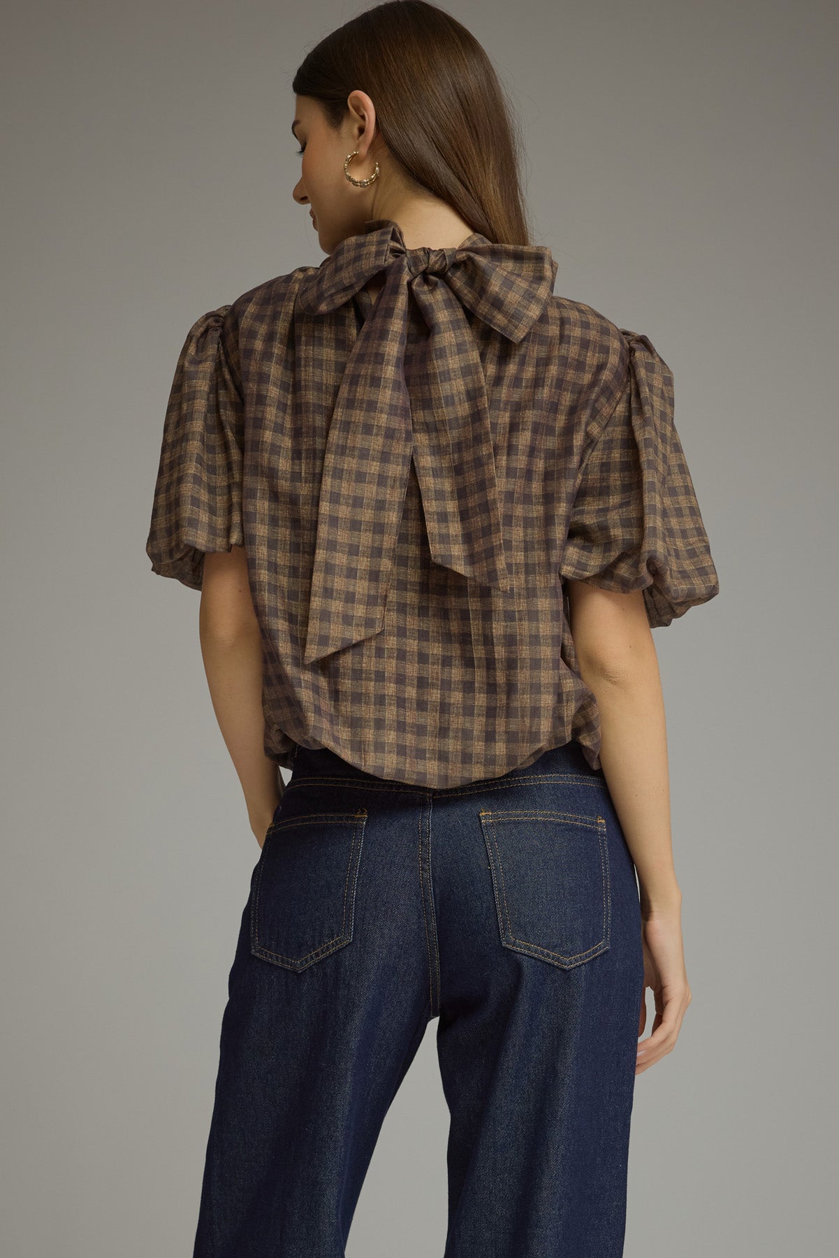 Plaid Top with Puff Sleeves and Tie Neck