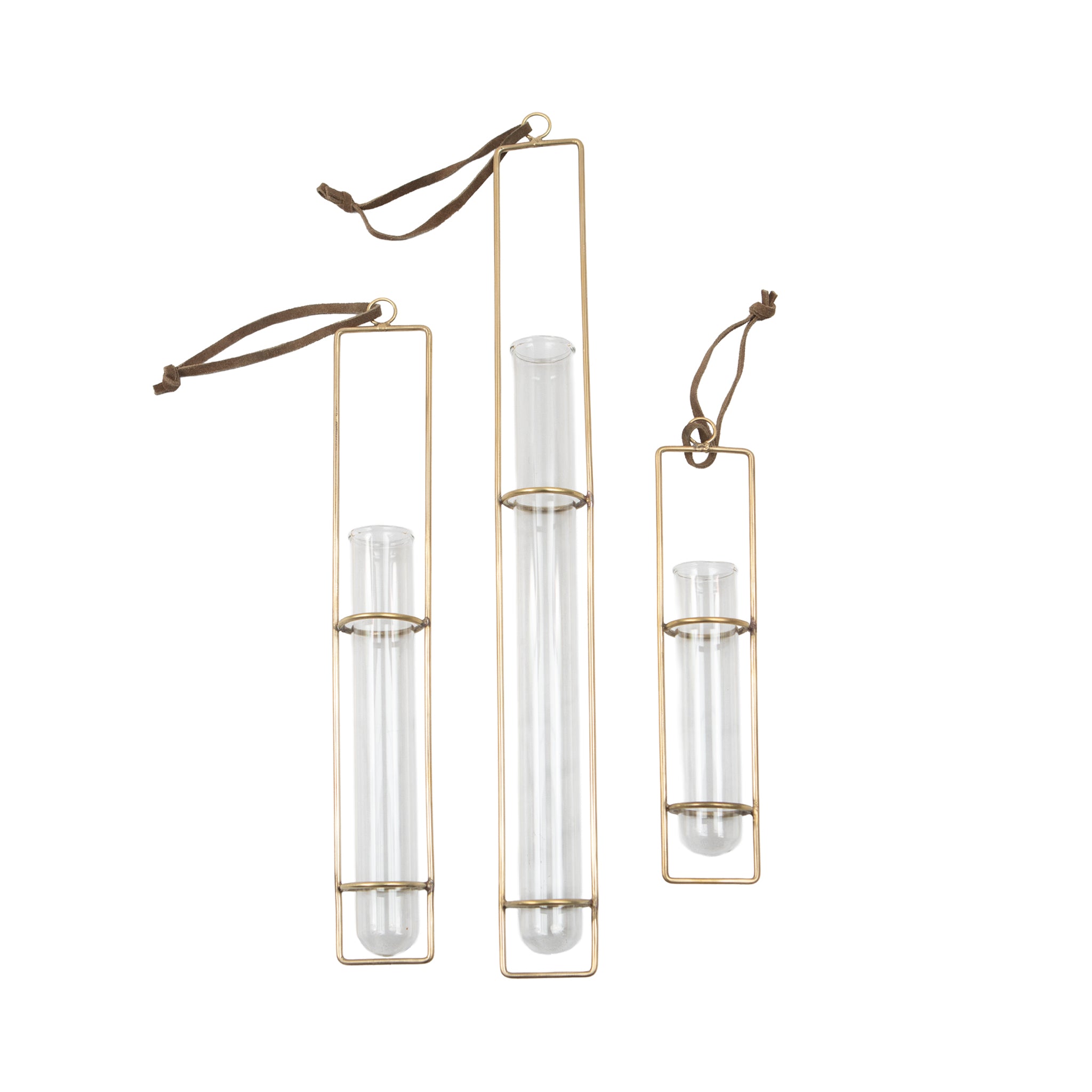 Hanging Glass Tube Vase- Brass