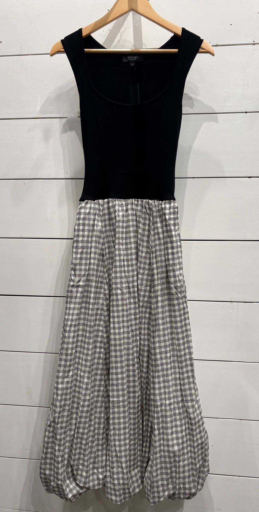 Mixed Media Balloon Plaid Skirt Midi Dress