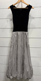 Mixed Media Balloon Plaid Skirt Midi Dress
