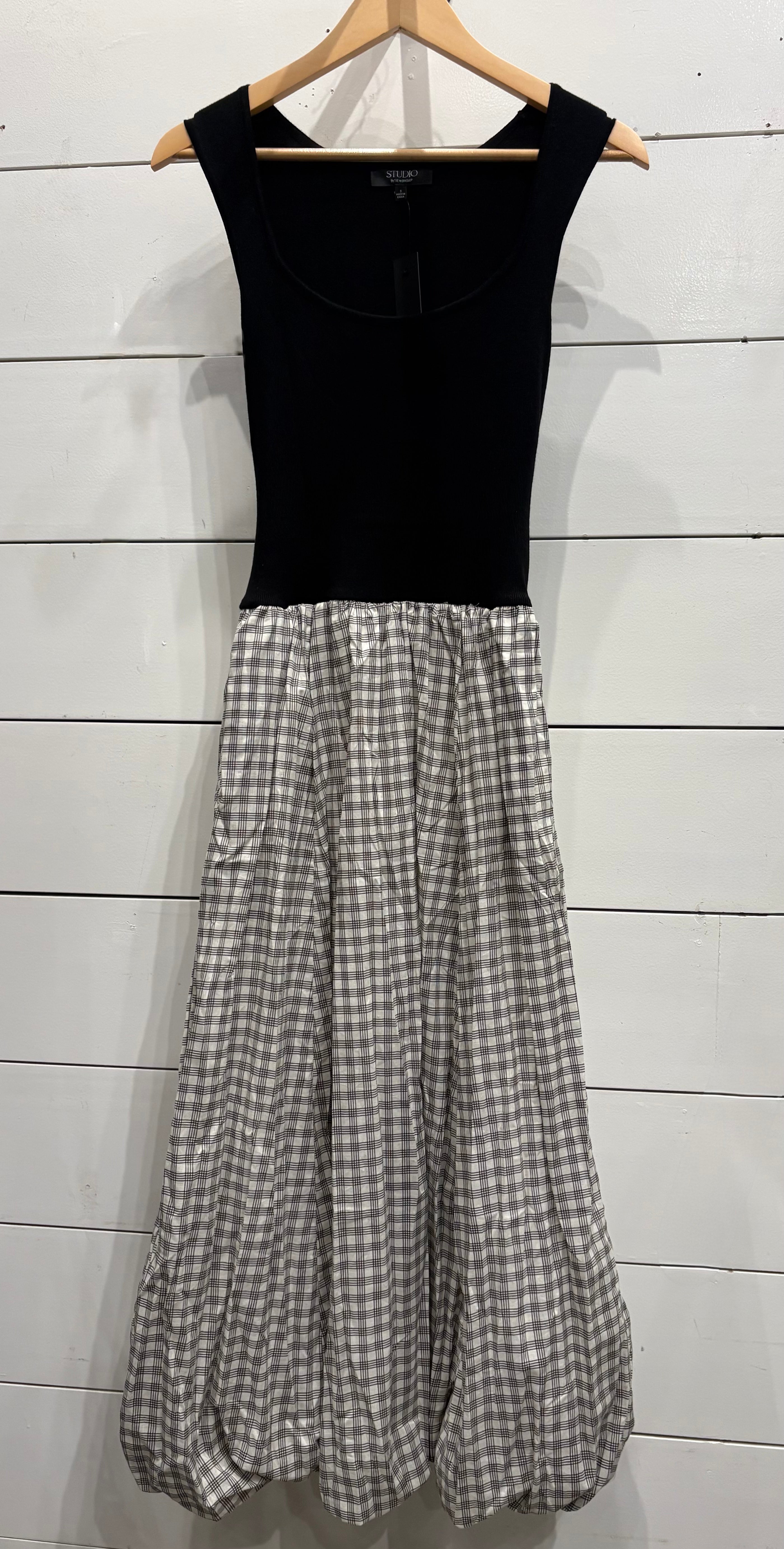 Mixed Media Balloon Plaid Skirt Midi Dress