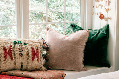 ***Elephant Velvet Pillow With Poms - 22"x22