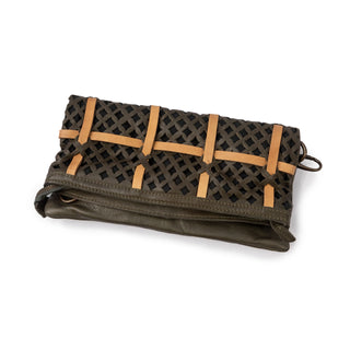 Leather Olive Clutch/ Crossbody Bag with Tan Trim Olive