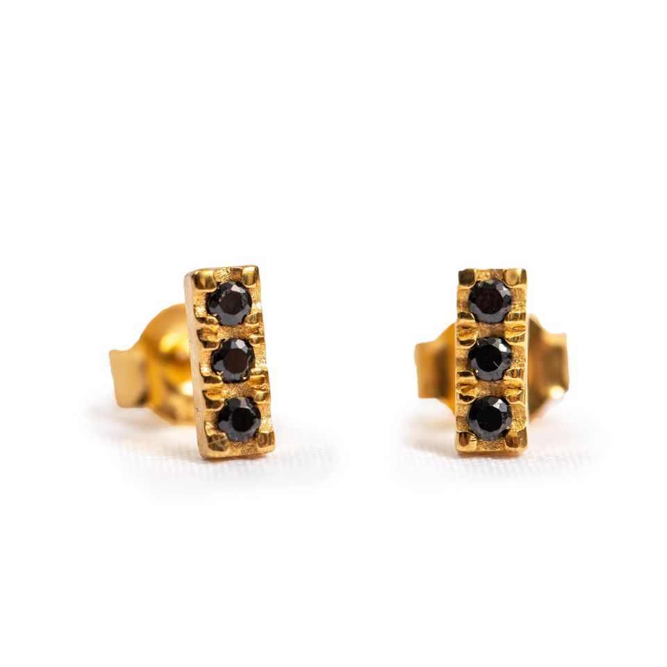 ***Gold Plated Bar Studs with 3 Black Spinel