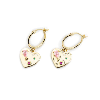 Emerald, Rose Quartz, and Ruby Heart Charm Earrings
