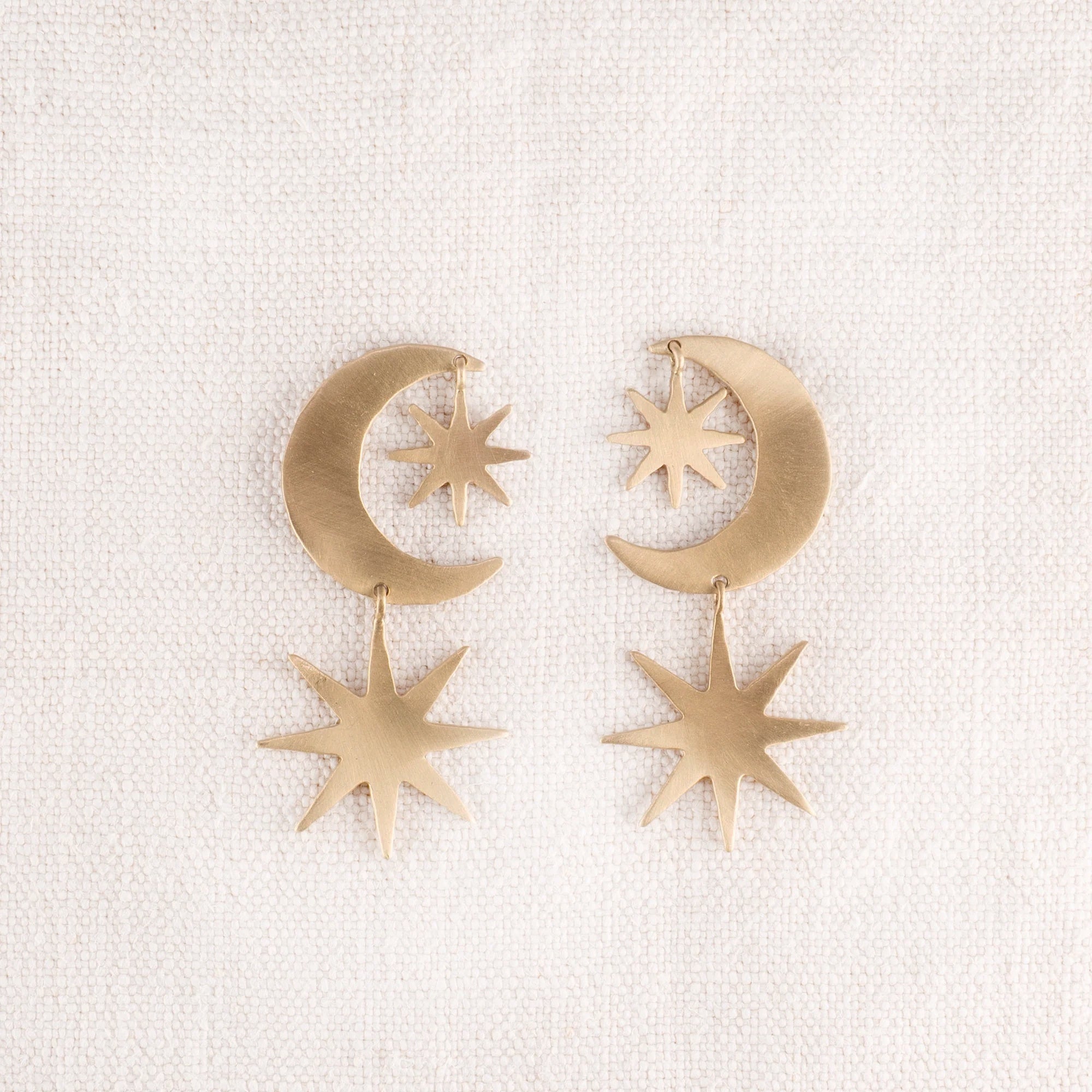 Brass Crescent Moon and Star Dangle Earrings
