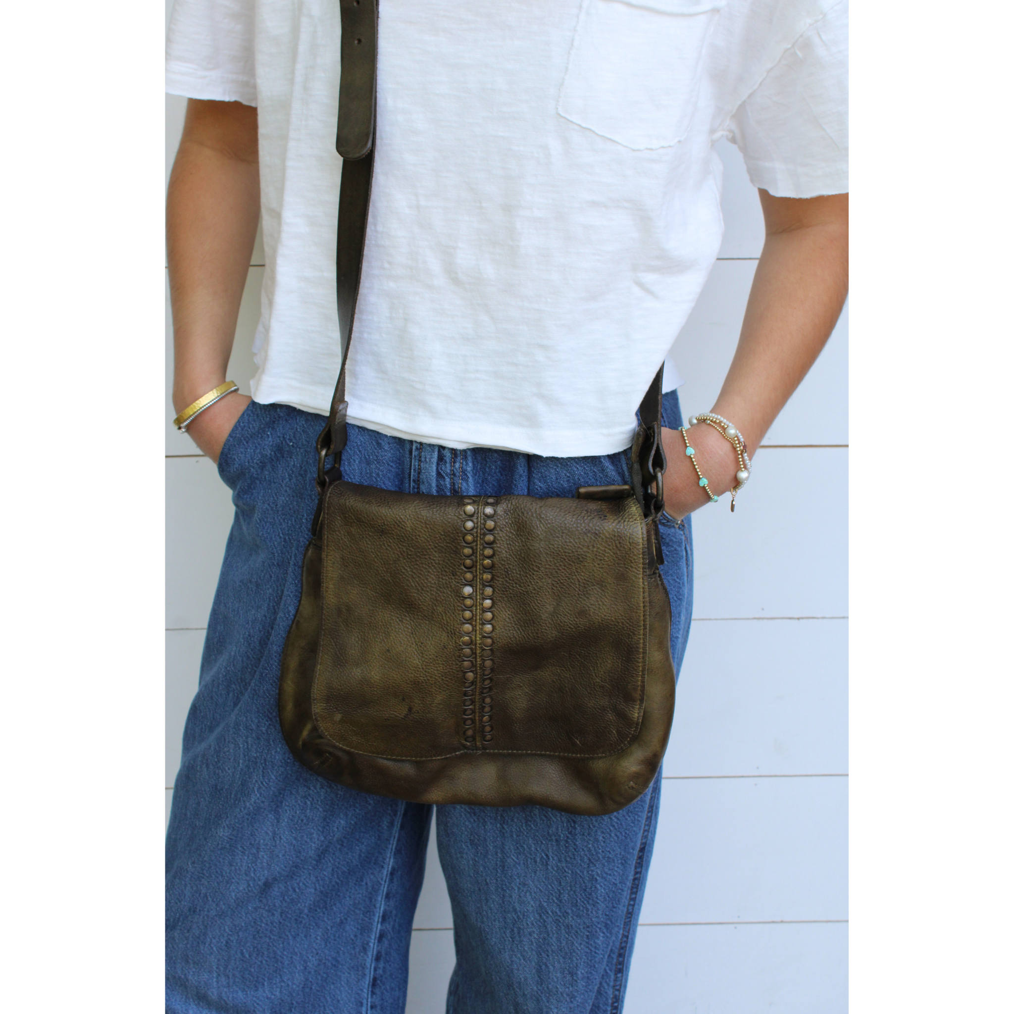 Studded Retro Flap Bag Moss