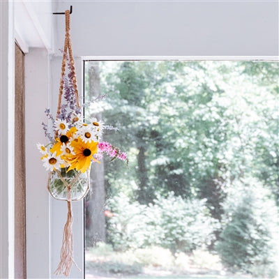 ***Mini Light Colored Macrame Hanging Planter with Glass Flower Pot 6"x6"