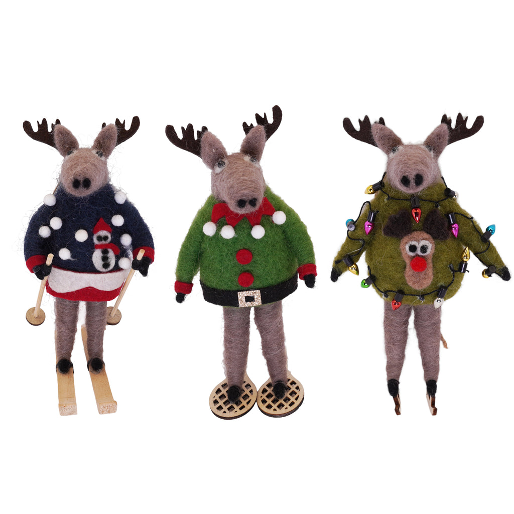 Felt Moose Ornament with Blue Snowman Sweater and Skis