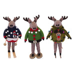 Felt Moose Ornament with Blue Snowman Sweater and Skis