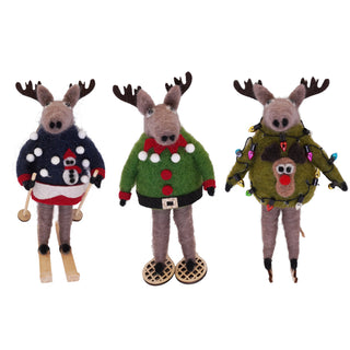 Felt Moose Ornament with Elf Sweater and Snowshoes