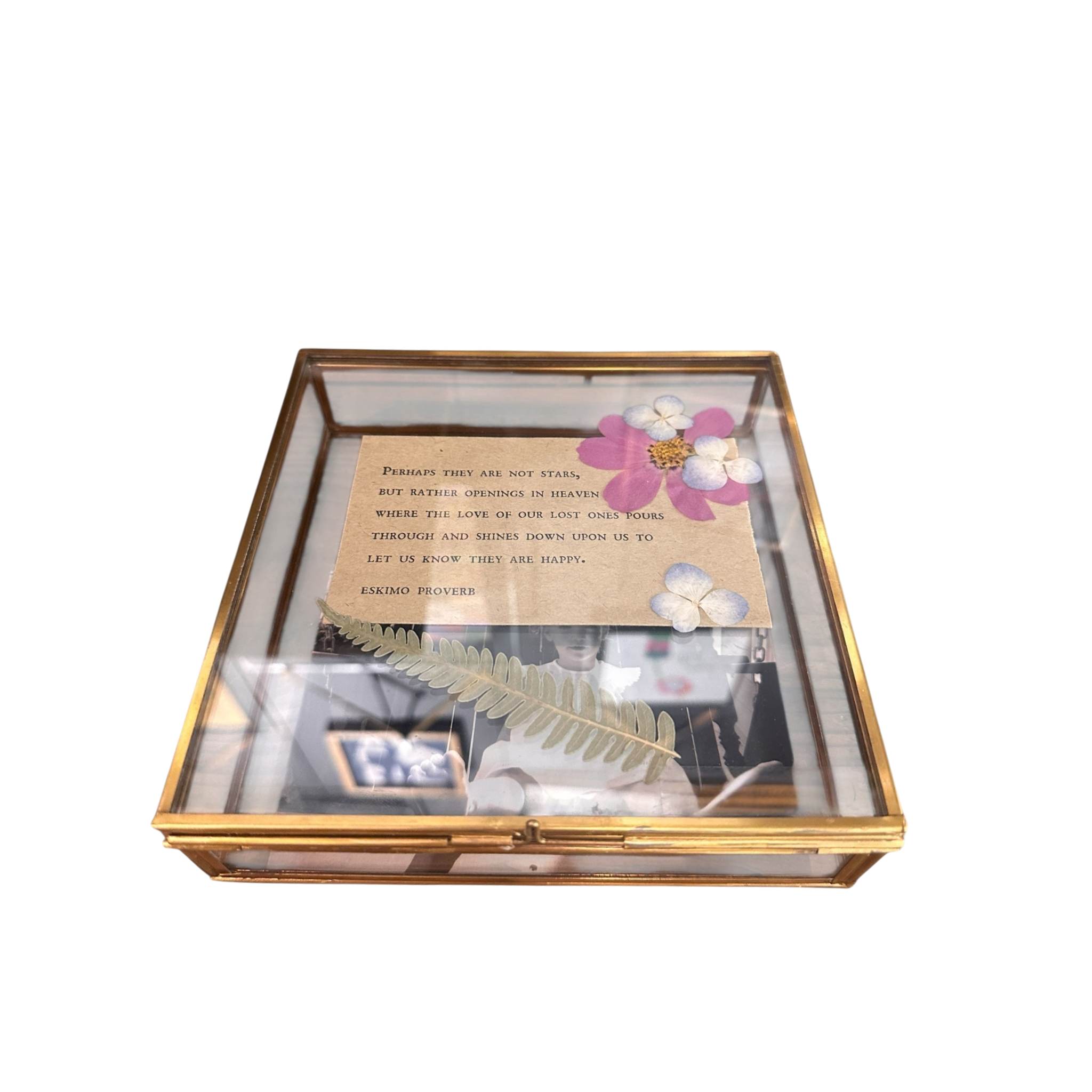 Square Glass  Memory Box - Brass