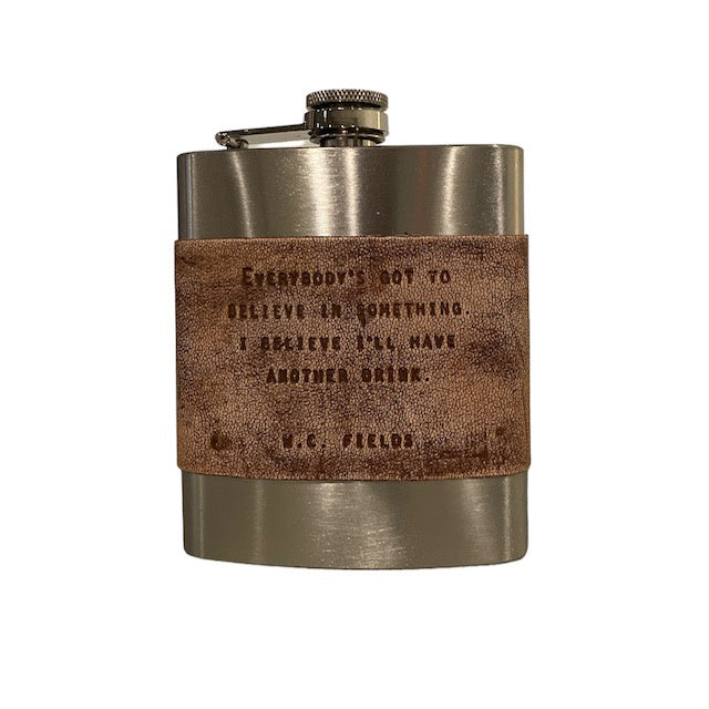 ****W.C. Fields - Brown Leather Metal Flask