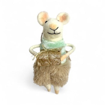 ***White mouse with aqua top and wool skirt with gold present- Very Merry Mice