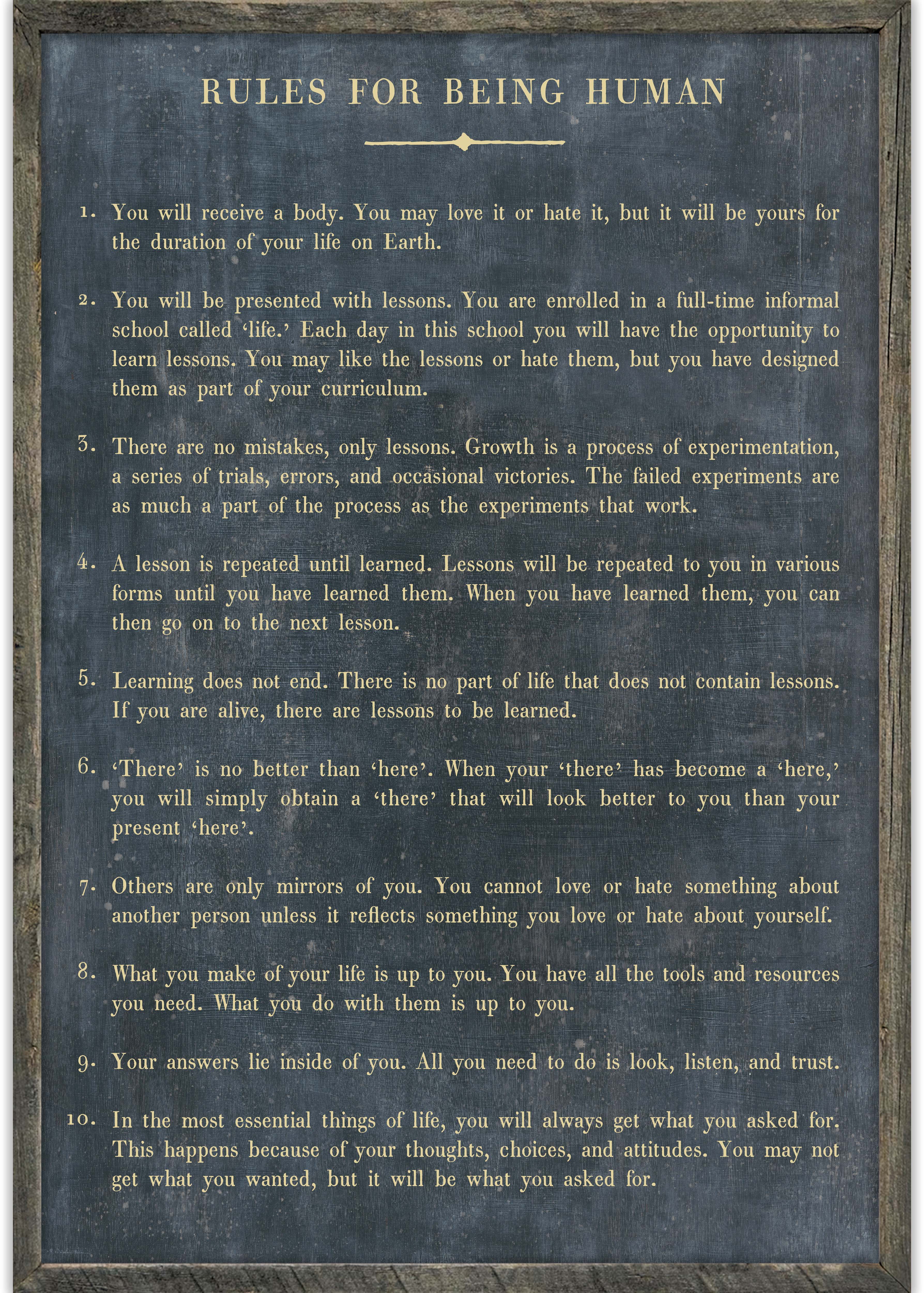 Rules For Being Human- Grey Wood Art Print