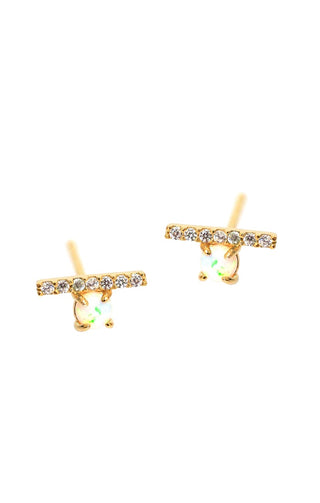 Gold Earring with CZ Bar and Mini White Opal
