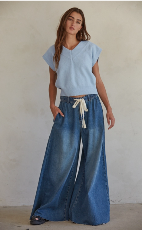 Denim Drawstring Waist Band Wide Leg Pants