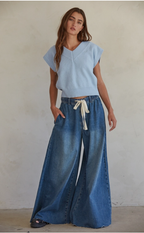 Denim Drawstring Waist Band Wide Leg Pants