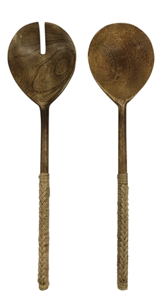 Kota Salad Servers, Wood w Rattan Handle