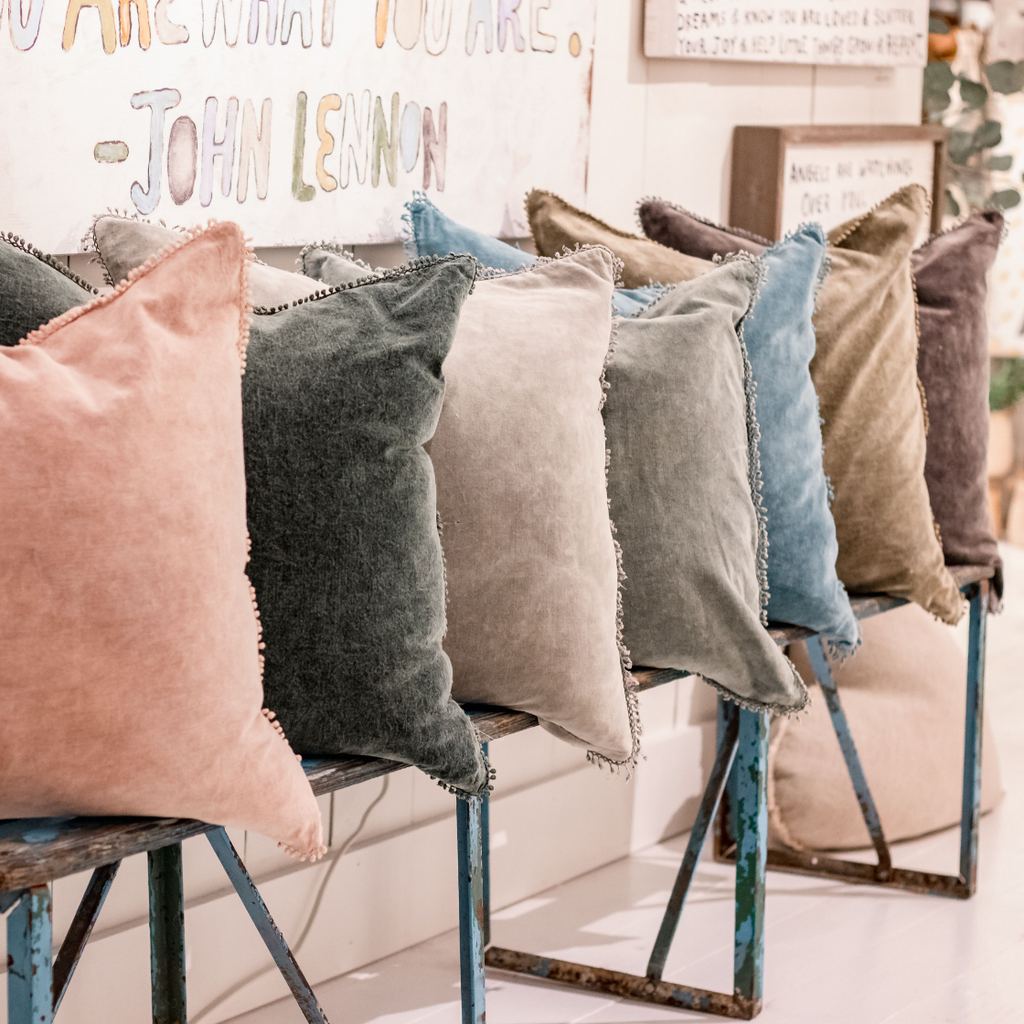 Moss Velvet Pillow With Poms 22x22