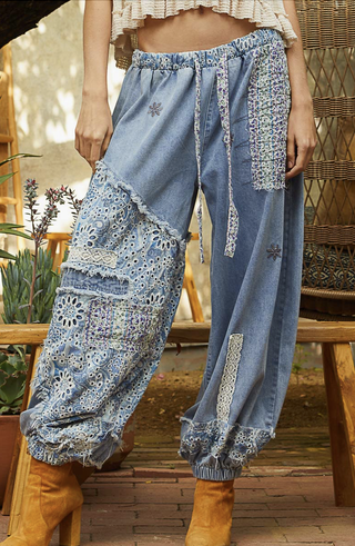 Floral Print Patchwork Twill Jogger Pants, Denim