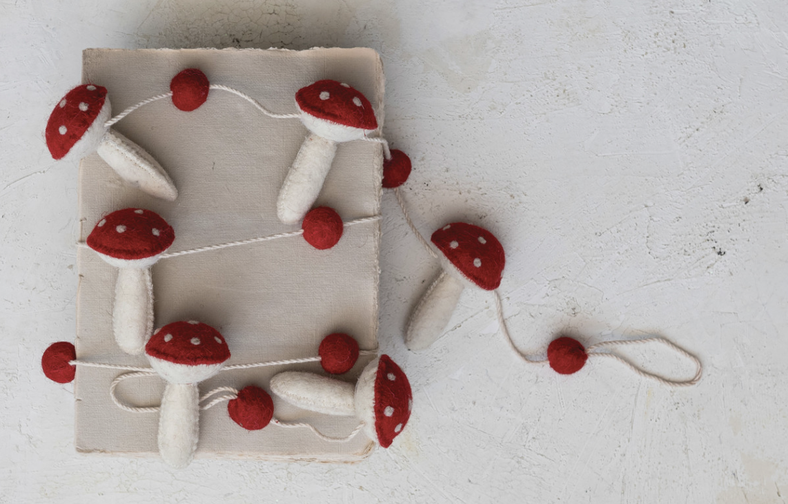 Wool Felt Mushrooms & Pom Poms Garland