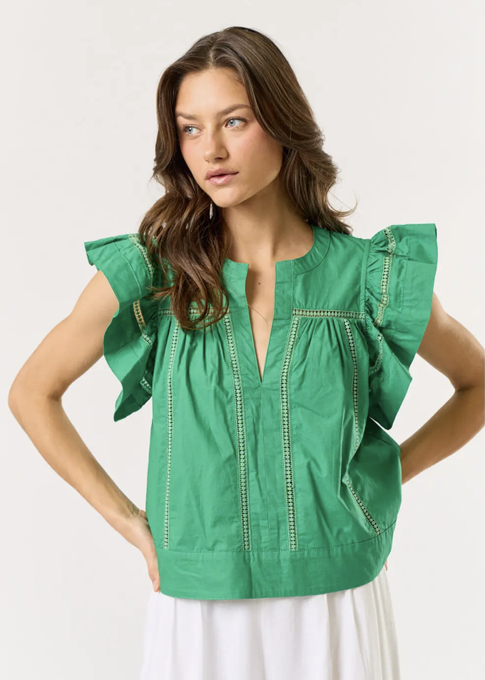 Flutter Sleeve Top with Embroidered Detail